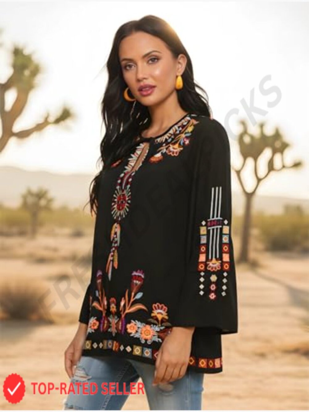 Embroidered Peasant Tunic Blouse Boho Chic Loose Fit Long Sleeve Summer Top - Picture 4 of 7